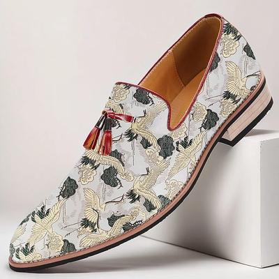 Men's Floral Jacquard Slip-On Loafers with Tassel Detail - Premium Embroidered Shoes for Semi-Formal and Casual Outings