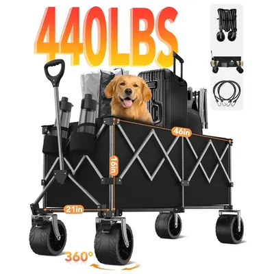 Collapsible Wagon, 440LBS Heavy Duty Wagon Carts Foldable with Side Pocket and Brakes, 66 Gallon
