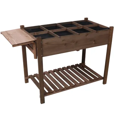 8 Pockets Horticulture Raised Garden Bed Elevated Wood Planter Box Stand with Foldable Side Table