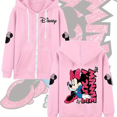 TEMU Licensed Mouse Sequin Letter Print Women's Hooded Zip-up Sweatshirt - Cartoon Graphic Pullover, Machine Washable Long Sleeve Casual Top For Autumn Winter, Winter Clothing | Fabric Image