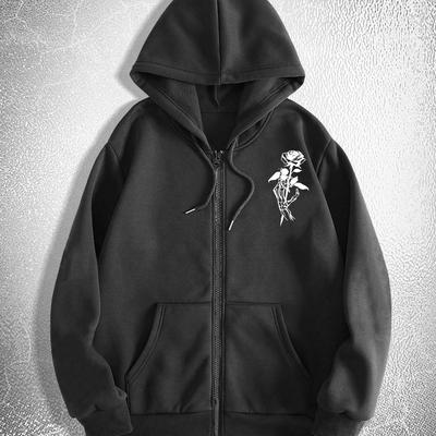 TEMU Men's Skull & Rose Print Hooded Zip-up Hoodie - Vibrant Purple Casual Pullover Sweatshirt, Regular Fit Autumn Winter , , Skull Hoodie, Autumn Winter Apparel Image