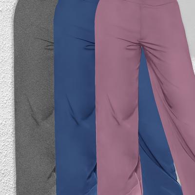TEMU 3pcs Women's Lightweight Wide-leg Pants - Summer Casual Elastic Waist Trousers, Machine Washable Solid Color (grey/blue/pink) For Casual Attire Image