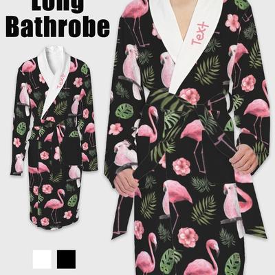 TEMU Customizable Flamingo Pattern Long Bathrobe With Pocket - Casual Knit Fabric, Polyester, , Belted, Reversible Collar, Unisex Adult Robe Set Image