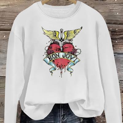 TEMU Da Er Ling Women's Casual Graphic Print Sweatshirt - Wings & , Beige Long Sleeve Round Neck Pullover, Machine Washable Autumn Top, Ladies Sweatshirts Image