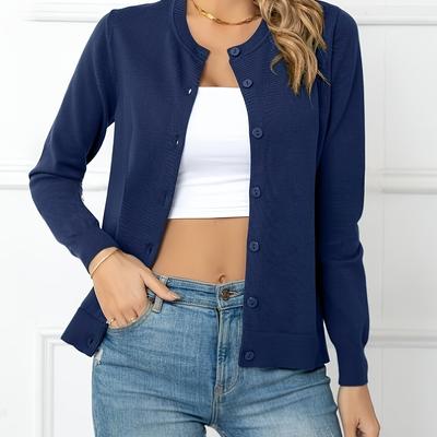 TEMU Single Breasted Crew Neck Cardigan, Casual Solid Long Sleeve Knitted Cardigan, Women's Clothing Image