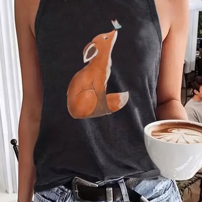TEMU Women's Casual Sleeveless Tank Top With Cute Fox Graphic Print - Stretchy Fit, Round Neck, Machine Washable, Wear, Ladies Tank Tops, Nontransparent Fabric Image
