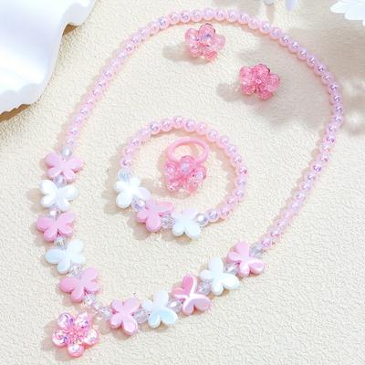 TEMU 4pcs Cute Peach Flower Pendant Acrylic Random String Necklace Bracelet Ear Clip Ring Set Girl's Charm Fashion Accessories Image