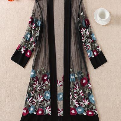 TEMU Plus Size Floral Embroidered Mesh Kimono Cardigan With Long Sleeves, Lightweight & Breathable, Sun Protection Beach Cover-up, Ethnic Style, Open Front Top For Women, Plus Size Beachwear Image