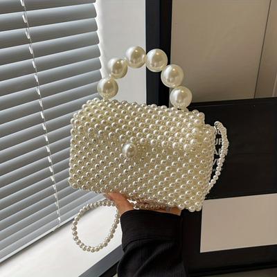 TEMU Handheld Bag Women's Fashion Woven Beaded Small Square Bag High-end Single Shoulder Bag Bead Bag Stringed Bag Versatile Evening Party Gift Bag Style Image