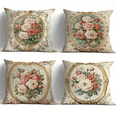 TEMU 4-pack Retro Floral Pillow Covers, Soft Polyester Sofa Cushion Cases With Zipper, Hand Washable Woven Decorative Throw Pillowcases For Bedroom, No Insert Image
