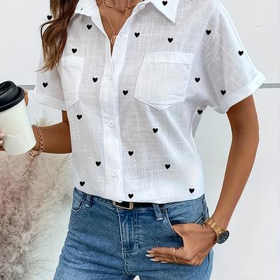 TEMU Women's Casual Short Sleeve Blouse With Heart Print - Loose Fit, Button-up Shirt With Chest Pockets, Lightweight Linen For , Casual Attire | Relaxed Fit Shirt | Nonstretch Fabric Image