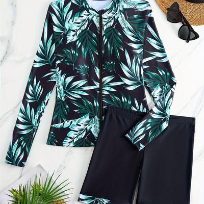 TEMU Leaf Print Two-piece Swimsuit, Detachable Padded Round Neck Jacket, Long Sleeve Shoulder Zipper Swim Top And Boxer Briefs Water Sports Swimwear, Women's Sporty Beachwear Image