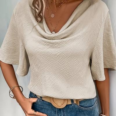 TEMU Women's Elegant Beige Cowl Neck Blouse With Sleeves - Casual Loose For Spring/summer, Lightweight & Breathable Fabric, Casual Attire, Casual Spring Top | Relaxed Fit Shirt | Stylish Image