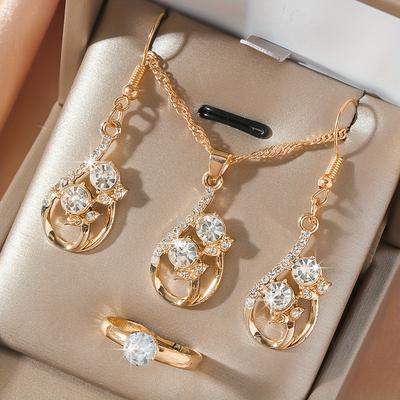TEMU 4pcs Women Elegant Ring Earring Necklace Set Women's Style, Elegant And Luxurious Style, Exquisite Women's Gift Image