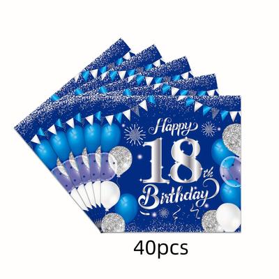 TEMU 40pcs Happy 18th Birthday Number Theme Napkins Disposable Party Tissue Navy Blue And Silvery Suitable For 18-year-old Adult Party Celebration Decorations Image
