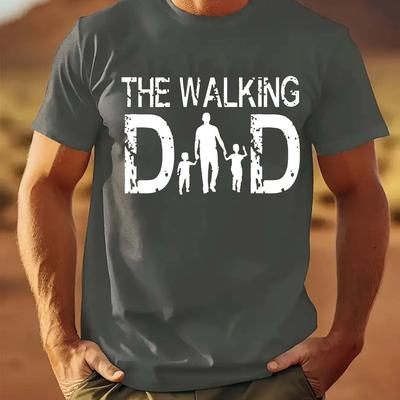 "TEMU Men's "the Walking Dad" Graphic T-shirt - Casual Polyester Crewneck, Outdoor Fit, Machine Washable, White Silhouette Design, Fathers Day Tshirt" Image