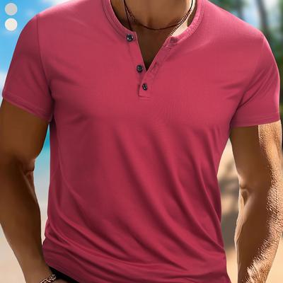 TEMU Wowell Men's Lightweight Short-sleeve Henley Shirt, Breathable Polyester Blend With Elastane, Round Neck, Half Button , Sporty For , Fitness, Gatherings Image