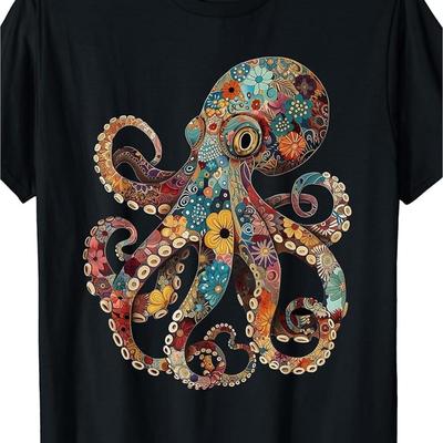 TEMU Men's Vintage Floral Octopus T-shirt, 100% Cotton, - Colorful Design, Short Sleeve, Round Neck, Made In Usa Cotton Printed Shirts Image