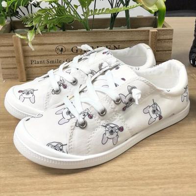 TEMU Women's Cute Cartoon Dog Print Skate Sneakers - Lightweight, Breathable Fabric, Soft Tpr Sole, Casual Running Shoes, Black With White And Colorful Cartoon Dogs Design Image