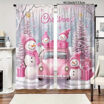 TEMU 2pcs Seasonal Polyester Blackout Curtains, Contemporary Style, Christmas Theme Snowman & Tree Print, Rod , Fade-resistant Drapes For Bedroom, Living Room, Office - 90-100g Fabric Weight Image