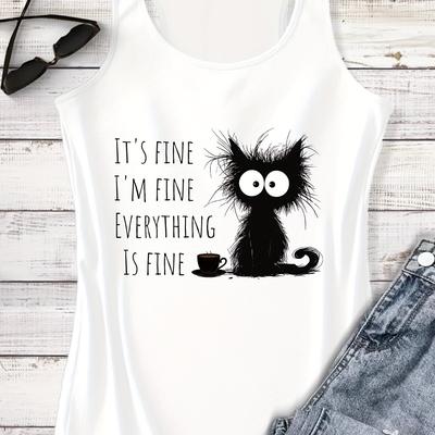"TEMU Graphic Sleeveless Tank Top For Women - " Fine Everything Is Fine" Print, 95% Polyester & 5% Spandex, Lightweight & Breathable, Machine Washable, Casual Casual Attire, Cat Tshirt" Image