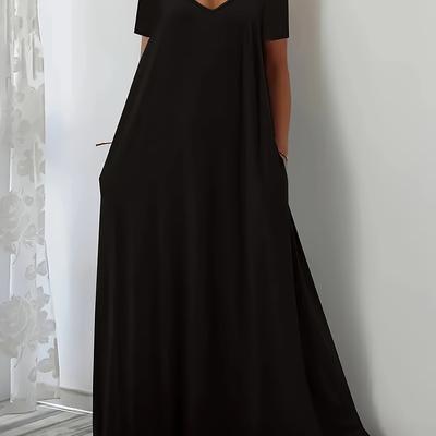 TEMU Spring And Summer Trendy V-neck Solid Color Short Sleeve Dress For Women Image