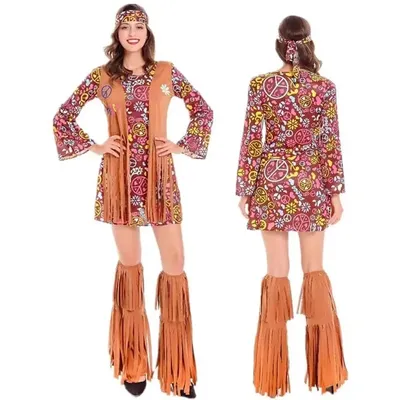 Halloween Disco Dress 70s 60s Hippie Cosplay Costume Set 70s DJ Dis Cos Outfits Women Suits Image