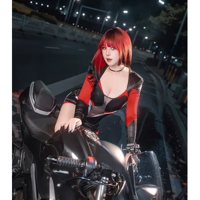 2025 NEU DirtyTech Rot und Schwarz Sexy Enger Glanz Spleißen Mesh Elastisch Einteiliger Uniform Motorradanzug Cosplay Anime Image