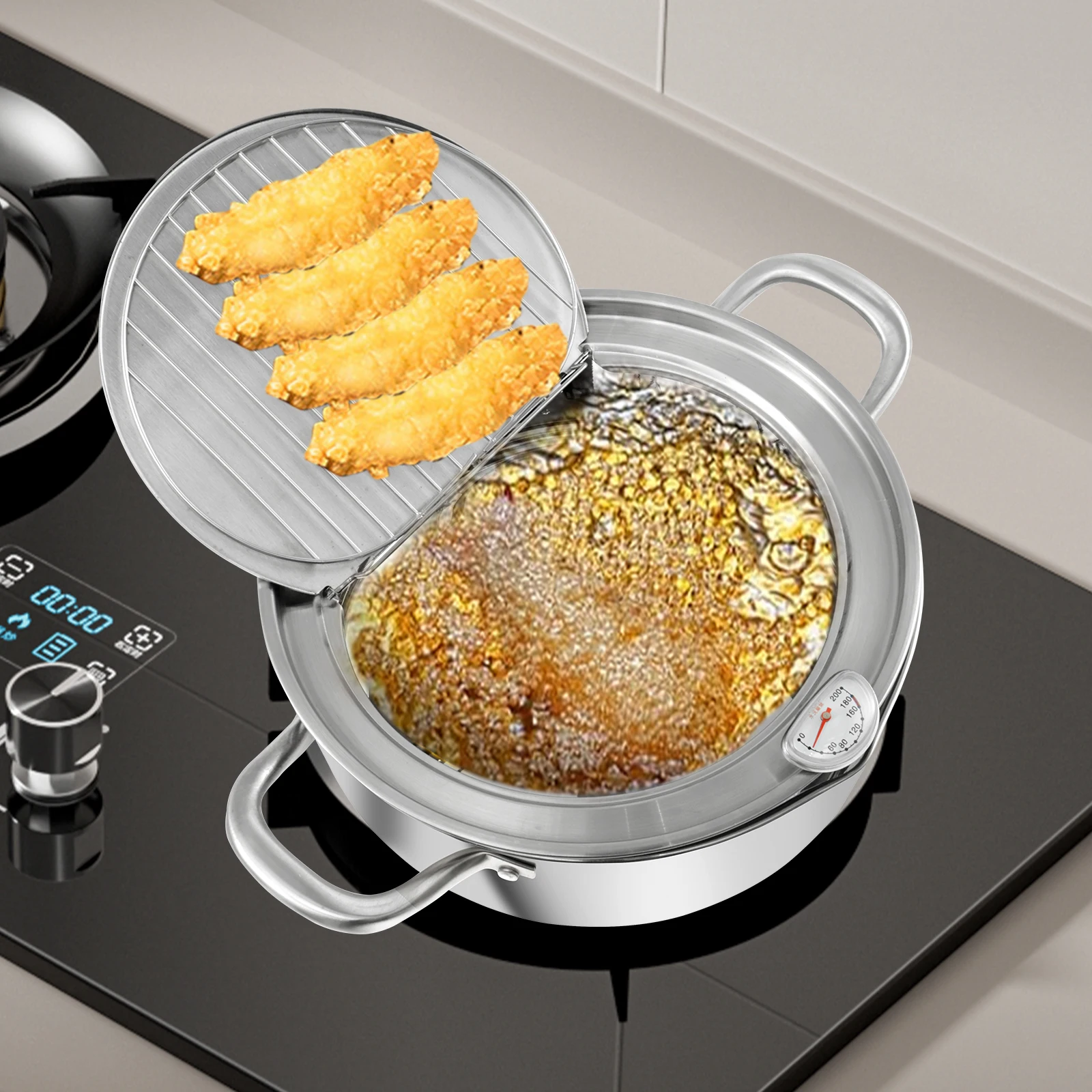 3,8/2,6 l Edelstahl-Fritteuse, japanischer Stil, Fritteuse-Topf mit Thermometer und Deckel, kleine Fritteuse, Tempura-Fritteuse