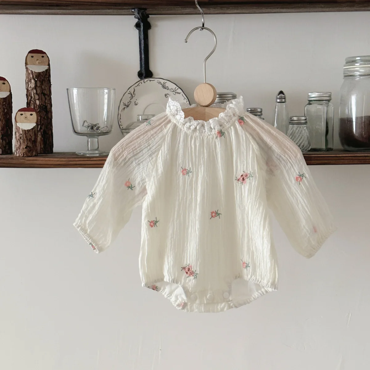 Sommer Neugeborenen Baby Mädchen Hause Kleidung Kleinkind Baby Blase Overalls Strampler Lange Ärmeln Sticken Blume Baby Body Image