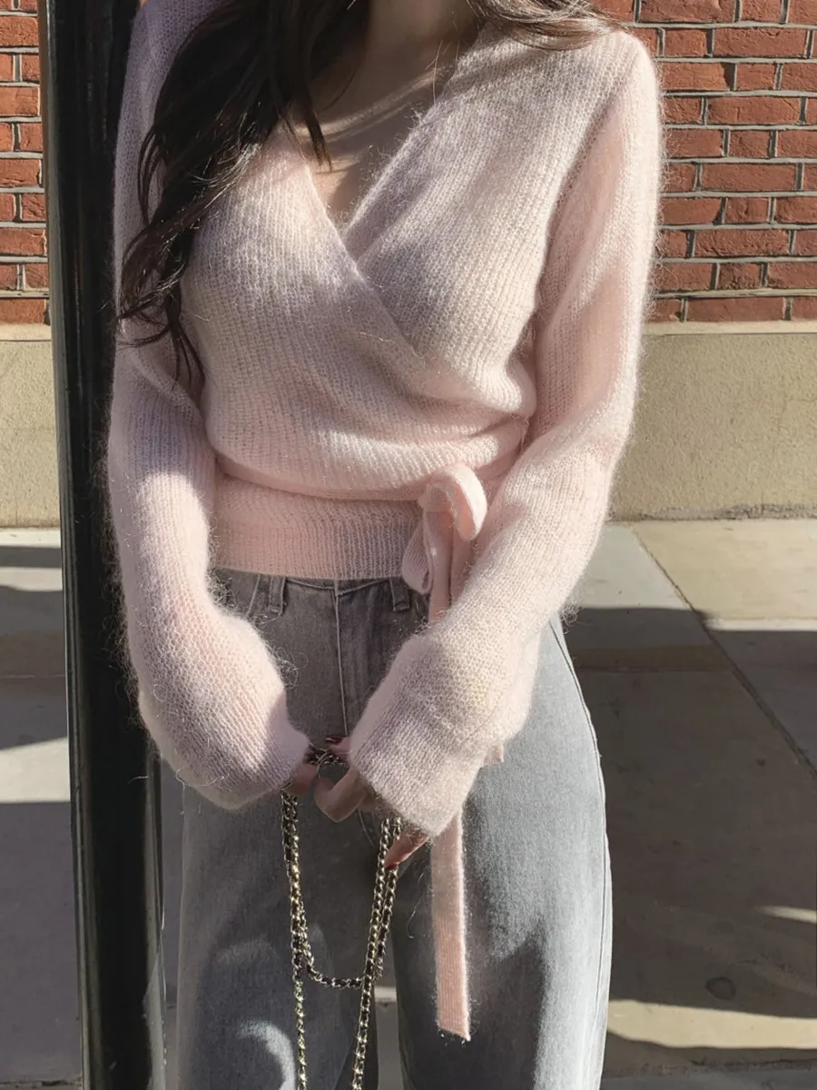 Rosa Spitze-up Gestrickte Weiche Pullover Strickjacke Frauen Neue V-ausschnitt Langarm Niedlichen Pullover Süße Chic Elegante Strickwaren Crop Tops y2k