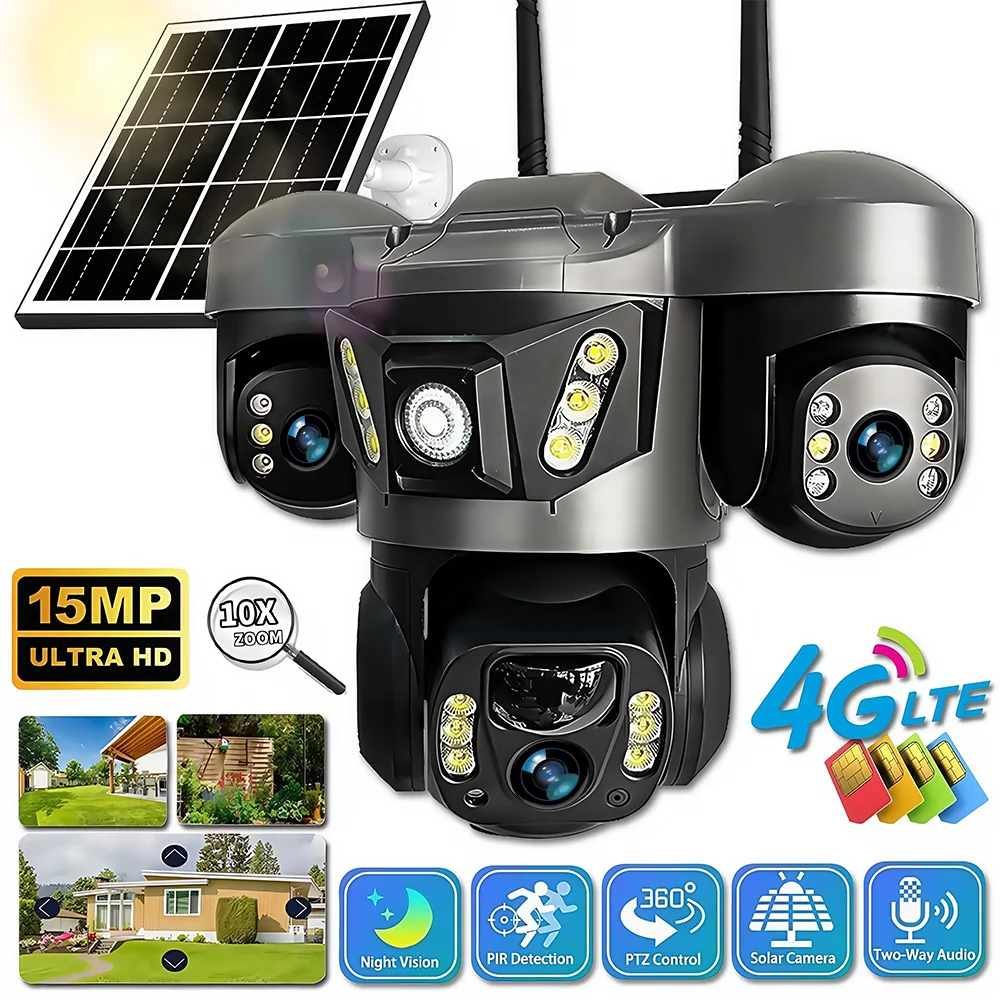Solar 4G IP Kamera 15MP Drei Objektiv Drei Bildschirm Wasserdicht Monitor Nachtsicht Sicherheit Schutz PTZ Video Überwachung Image