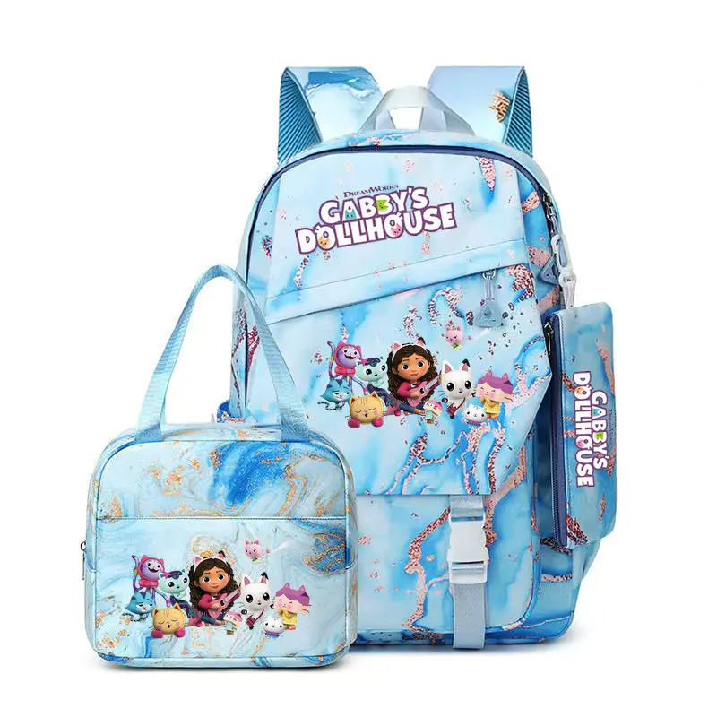 Gabby Dollhouse 3 pièces/ensemble étudiant garçon fille cartable coloré sac à dos enfants adolescent dessin animé école Bookbag avec sac à déjeuner