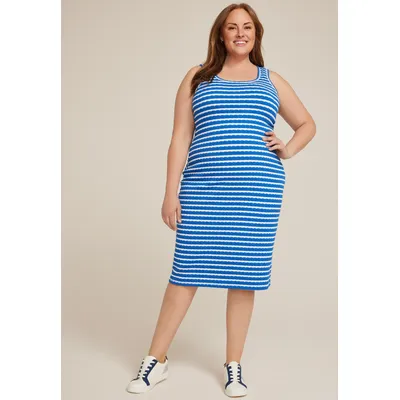 Maurices Plus Size Women's 24/7 Bare Striped Textured Midi Dress Blue Size 0X
