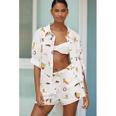 By Anthropologie Printed Short-Sleeve Linen Shirt