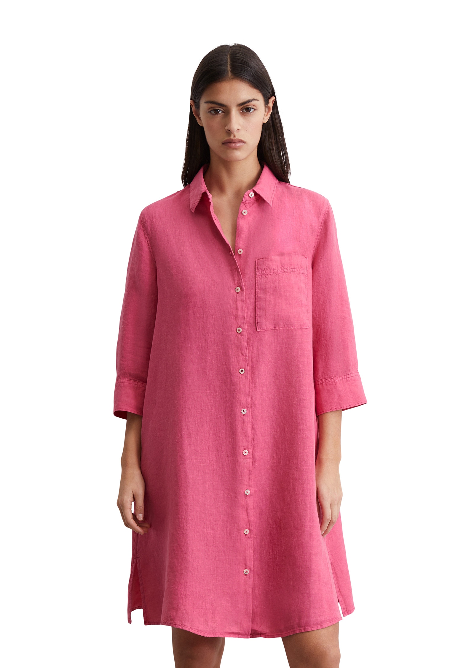 Midikleid MARC O'POLO "in A-Linie geschnitten", Damen, Gr. 40, Normalgrößen, rosa (m634), Obermaterial: 100% Leinen; Futter: 100% Baumwolle, unifarben, relaxed fit knielang, Manschette, Kleider Midikleid