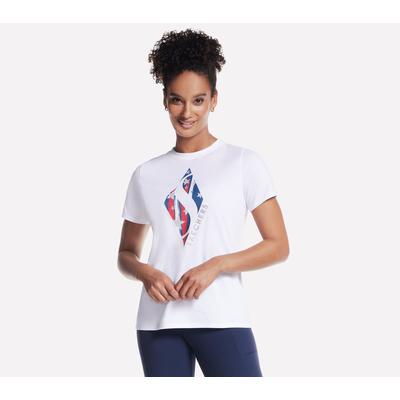 Skechers Women's Diamond & Stripes Short Sleeve T-Shirt | Size Medium | White | Cotton/Polyester