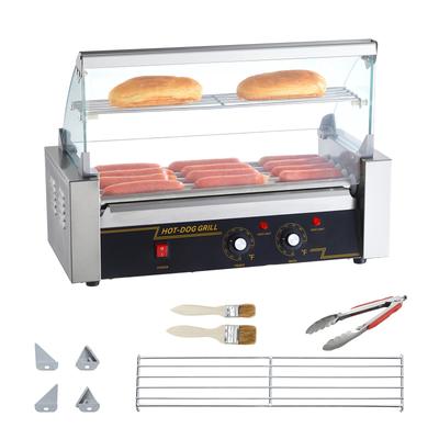 Hot Dog Roller Stainless Sausage Grill Cooker Machine with Dual Temp Control Glass Hood Acrylic Cover Bun Warmer