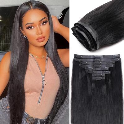 TEMU Seamless Clip-in Hair Extenders Human Hair Straight Brazilian Hair Clip-in Hair Extenders Women 8pcs Pu Clip-in Hair Light Beige Fabric 18 Clips 120g 18 Inch Natural Black/ 4/27 Image