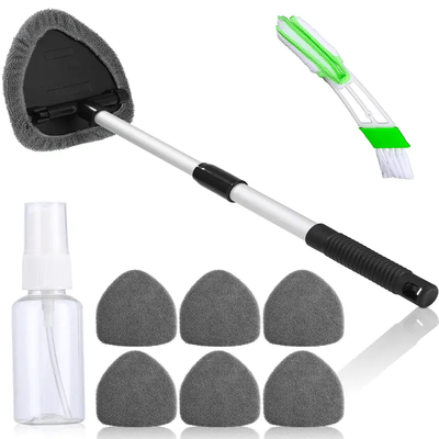 TEMU Car Window Cleaner With 6 Microfiber Pads And Spray Bottles, Car Window Wiper Kit, Car Window Interior Cleaner With Extendable Handle, 180 Degree Rotatable Image