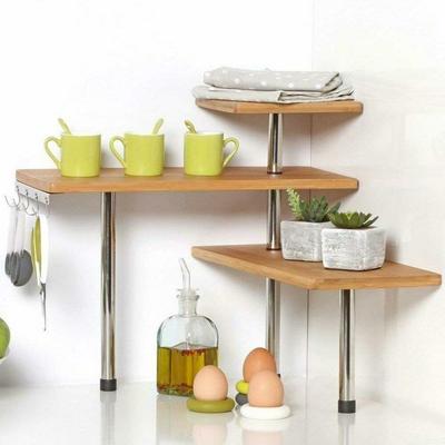 TEMU Corner Shelf For Kitchen With 3 Shelves, Bamboo , , Durable Bamboo Wood Shelves, Stainless , Non-slip Feet, Kitchen Storage Organizer Image