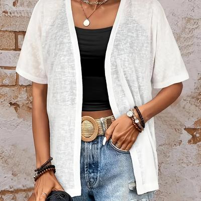 TEMU Casual Side Slit Semi-sheer Open Front Short Sleeve Cardigan Image