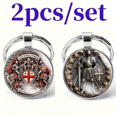TEMU 2pcs Vintage Knight Templar Keychain - Alloy, 2d Flat Glass Pendant, & Sword Design, Ideal For Backpacks & Keys, Perfect Birthday, Graduation, Or Holiday Gift Image