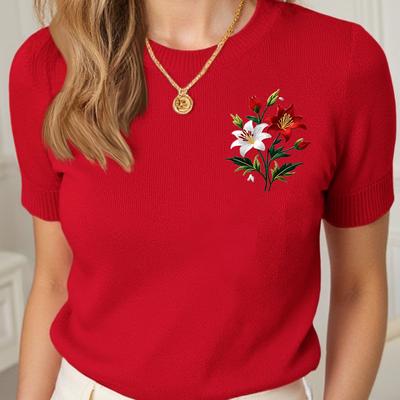 TEMU Stylish And Trendy Women's Short-sleeve Round-neck Sweater, Versatile With Unique And Alternative Prints, Showcasing An Elegant And Mature Style For Women. Image