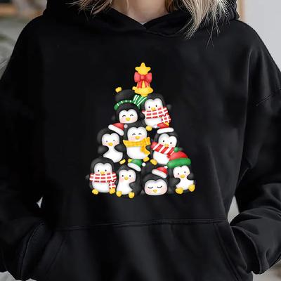 TEMU Penguin Christmas Tree Hoodie - Women's Casual Sweatshirt With Penguin Christmas , Winter Season Image