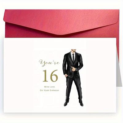 TEMU 16th Birthday Greeting Card For Son With Envelope - 1 Pc, Elegant Black Suit Design, Heartfelt Birthday Wishes, 4.7x7.1 Inch Premium Quality Birthday Card Image