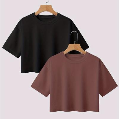 TEMU Two-pack Women's Spring/summer Casual Loose Cropped T-shirt With Belly Button Comfortable Striped Short Sleeve - D10 Image