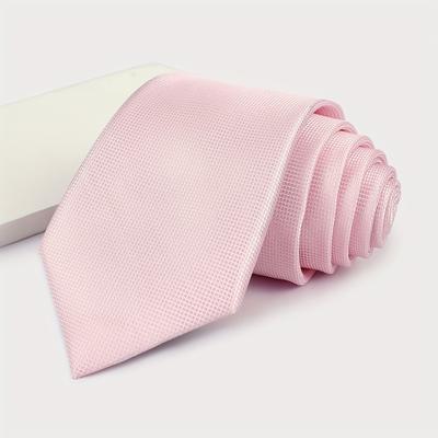 TEMU Luxury 7cm Wide Solid Color Necktie - Premium Fabric, Grid Pattern, Soft Pink For Business, Weddings, Casual & Formal Events, Wedding Accessory | Elegant | Finish Image