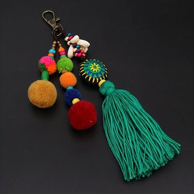 TEMU Vibrant Boho Tassel Keychain - Colorful Summer Beach Style Bag Charm With Pom-poms & Beads, Festivals, Parties, And Everyday Accessories Image