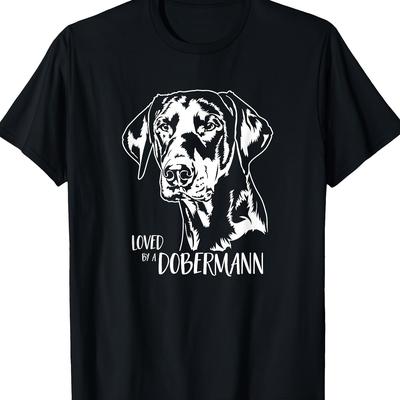 "TEMU Men's " By A Dobermann" Graphic T-shirt - 100% Cotton 180gsm Casual Short Sleeve Tee With Doberman Design, Machine Washable Dog Mom Gift For Dobermann Owners" Image